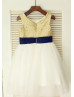 Gold Sequin Ivory Tulle With Navy Blue Flower Sash Knee Length Flower Girl Dress